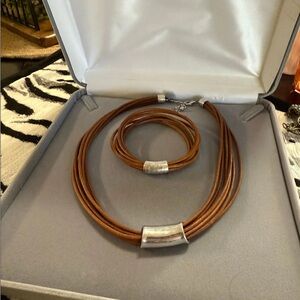 Brown Leather Necklace and Bracelet Set with Silver Accents
